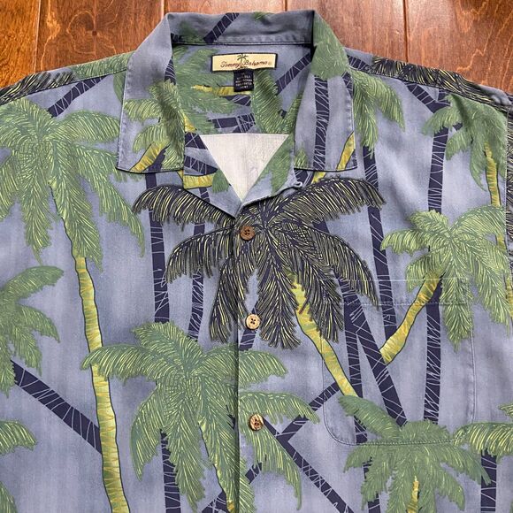 Tommy Bahama Casual Palm Tree Hawaiian Silk Button Down Shirt Blue Men's XL - Picture 2 of 8